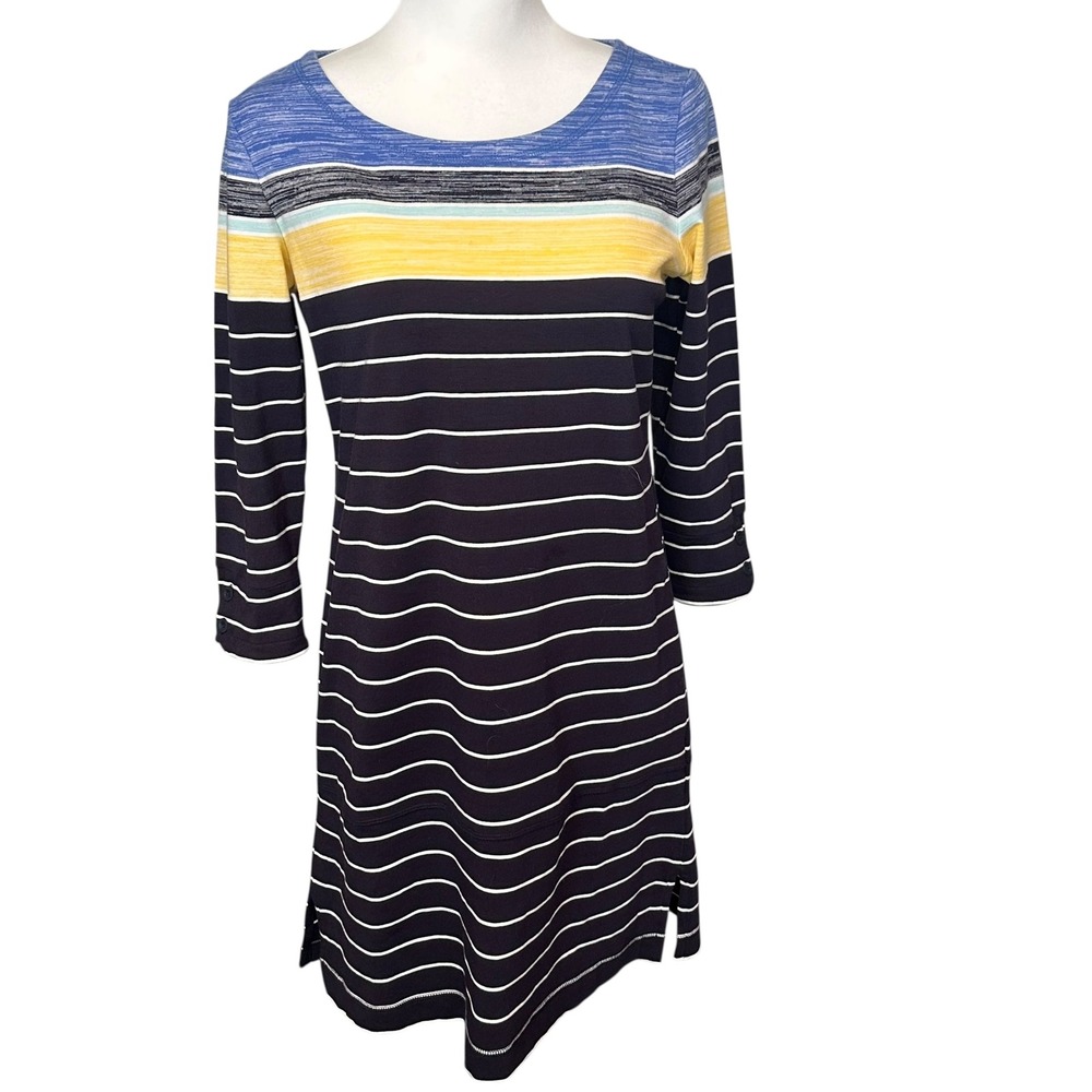 T by Talbots Dress Women's Petite‎ Small Blue Yellow Striped Boatneck 3/4 Sleeve